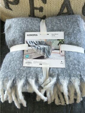 NEW SONOMA Faux Mohair Throw Blanket in Light Gray and White